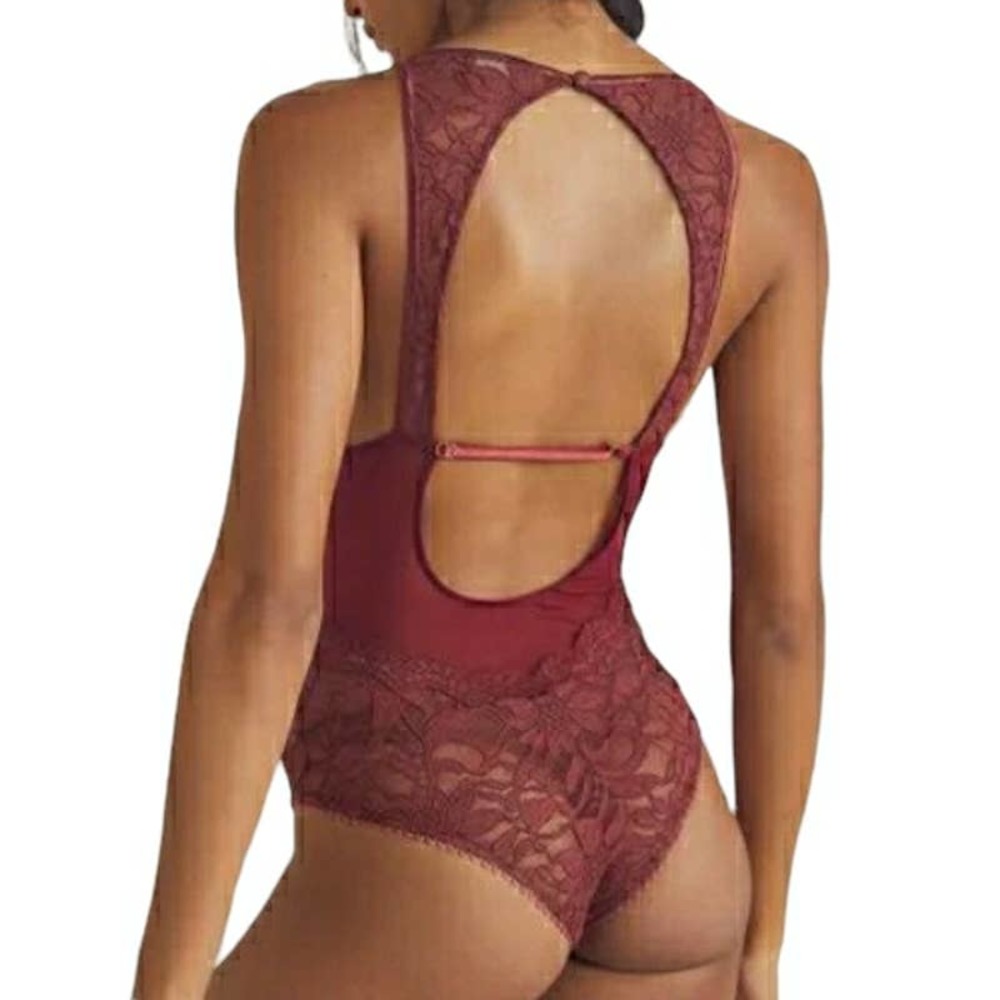 NEW Free People bodysuit Speed Date open back sheer floral lace cherry red Sz XS - Picture 2 of 8